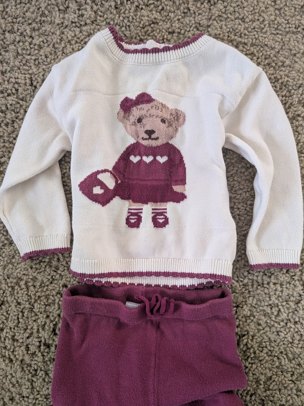 White Knit Sweater Set with Purple Bear Graphic